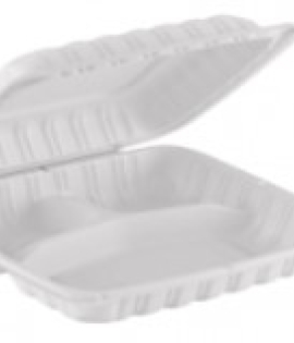 Model : TY93OLD-3COMP-PP-HC-993 | 9x9x3&quot; 3-Comp. White PP Hinged Container (Old Model)